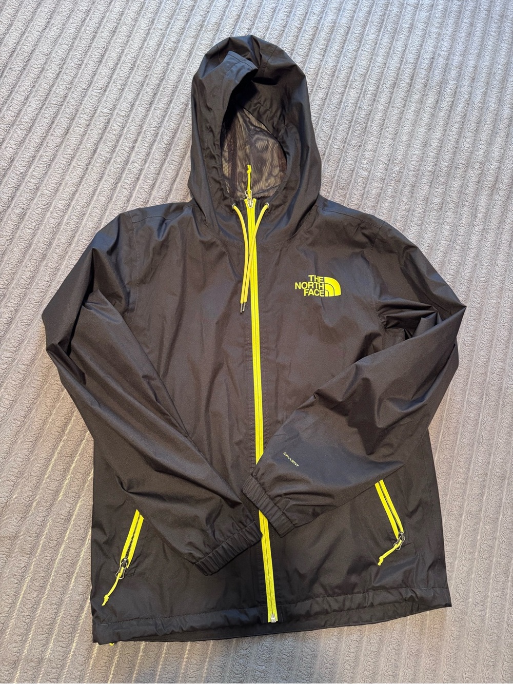The North Face Black Raincoat with Yellow Trim